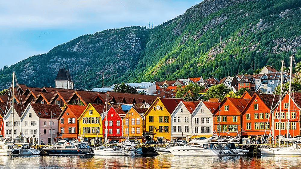 Vibrant houses along the water in Børenga, Norway, highlight the picturesque landscape ideal for cruise travellers